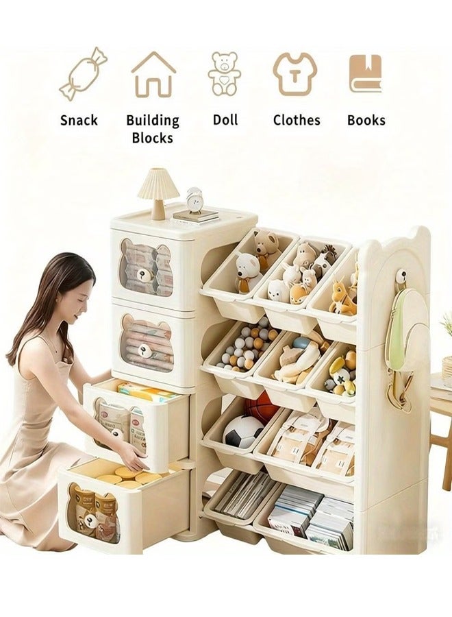 Beauenty Large 4-Tier Toy Organizer with 12 Bins & Drawers，Kid-Friendly Plastic Storage Unit for Toys, Books, Nursery Supplies，Bear-Pattern Transparent Drawers - Image 1